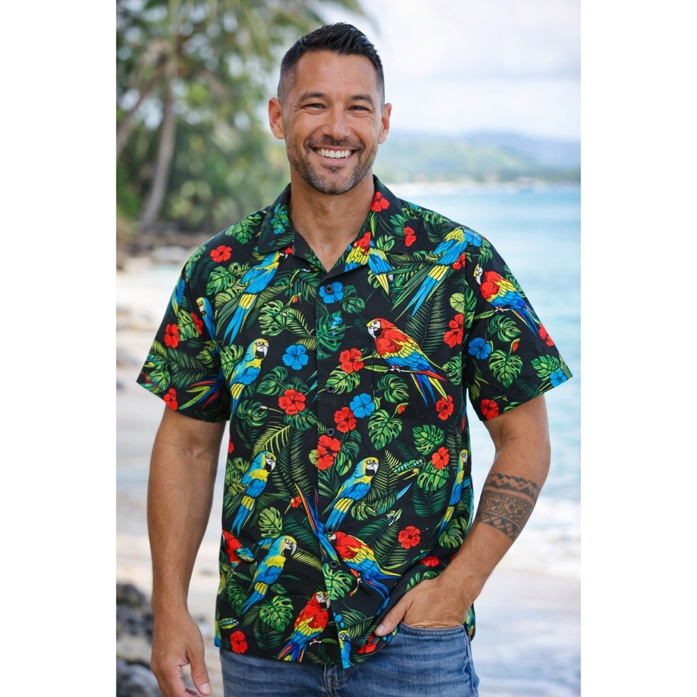 Good Vibes Drill Clothing Mens Small Tropical Parrot Floral Stretch Button Shirt